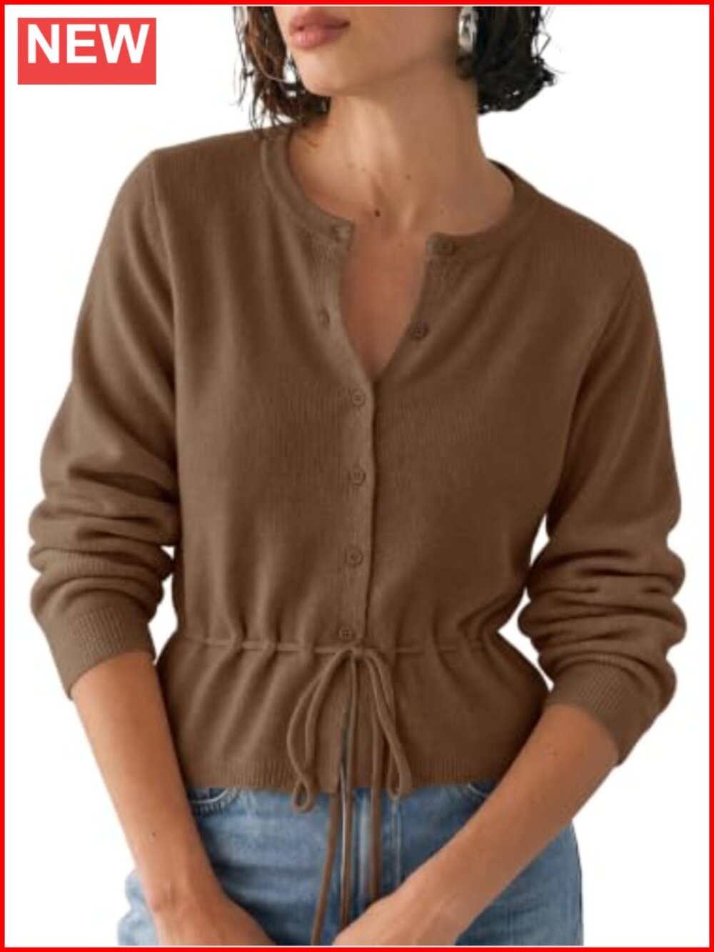 Women's Cropped Button-Up Tie Front Cardigan Crew Neck Fall Sweater